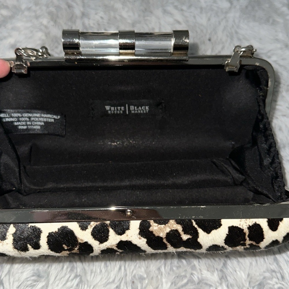 White House Black Market Leopard Haircalf Box Clutch Silver Chain Bag - Picture 7 of 12
